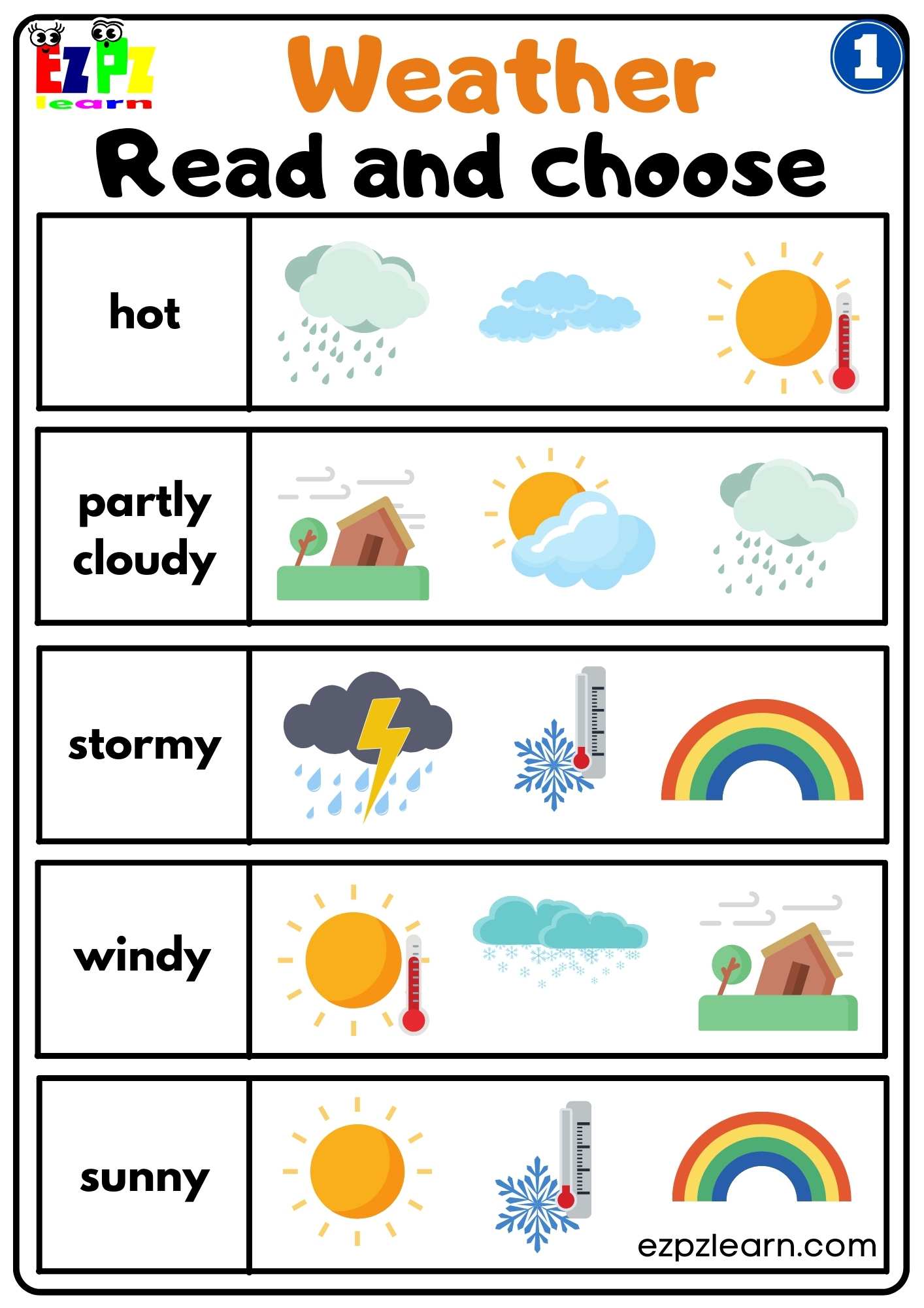 Group 1 Weather Vocabulary Read and Choose Easy Worksheet for Kids Free PDF Download